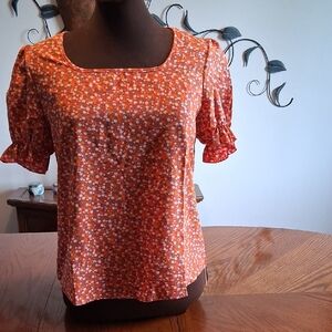 Women's Orange Floral Square-Neck Blouse